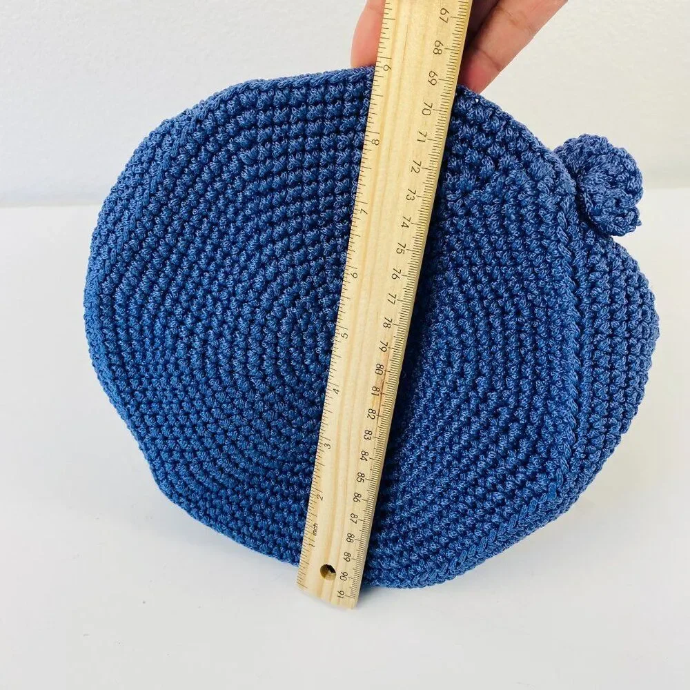 Shoulder Bag Handmade Crochet Bucket Bag Blue Brown Knit Ruffle Trim Drawstring